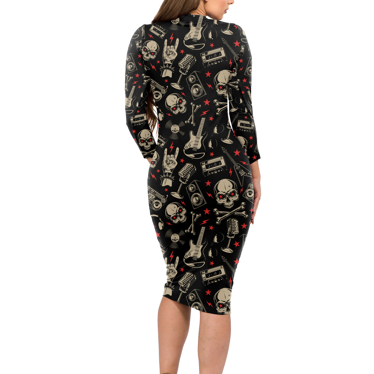 Rock And Roll Skull Pattern Design Long Sleeve Bodycon Dress - Wonder Print Shop