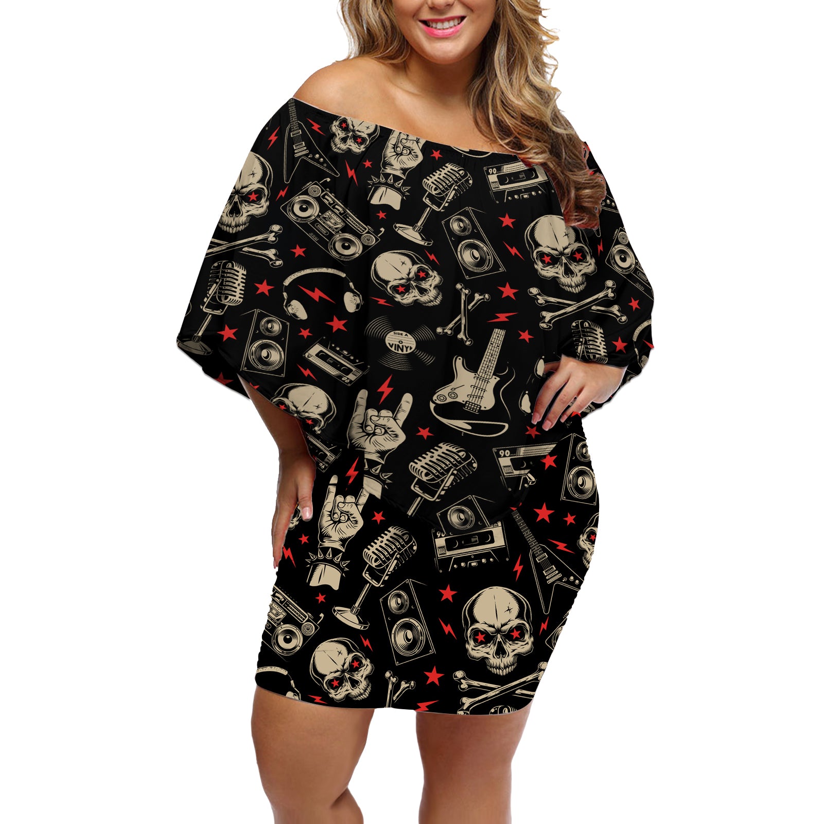 Rock And Roll Skull Pattern Design Off Shoulder Short Dress - Wonder Print Shop