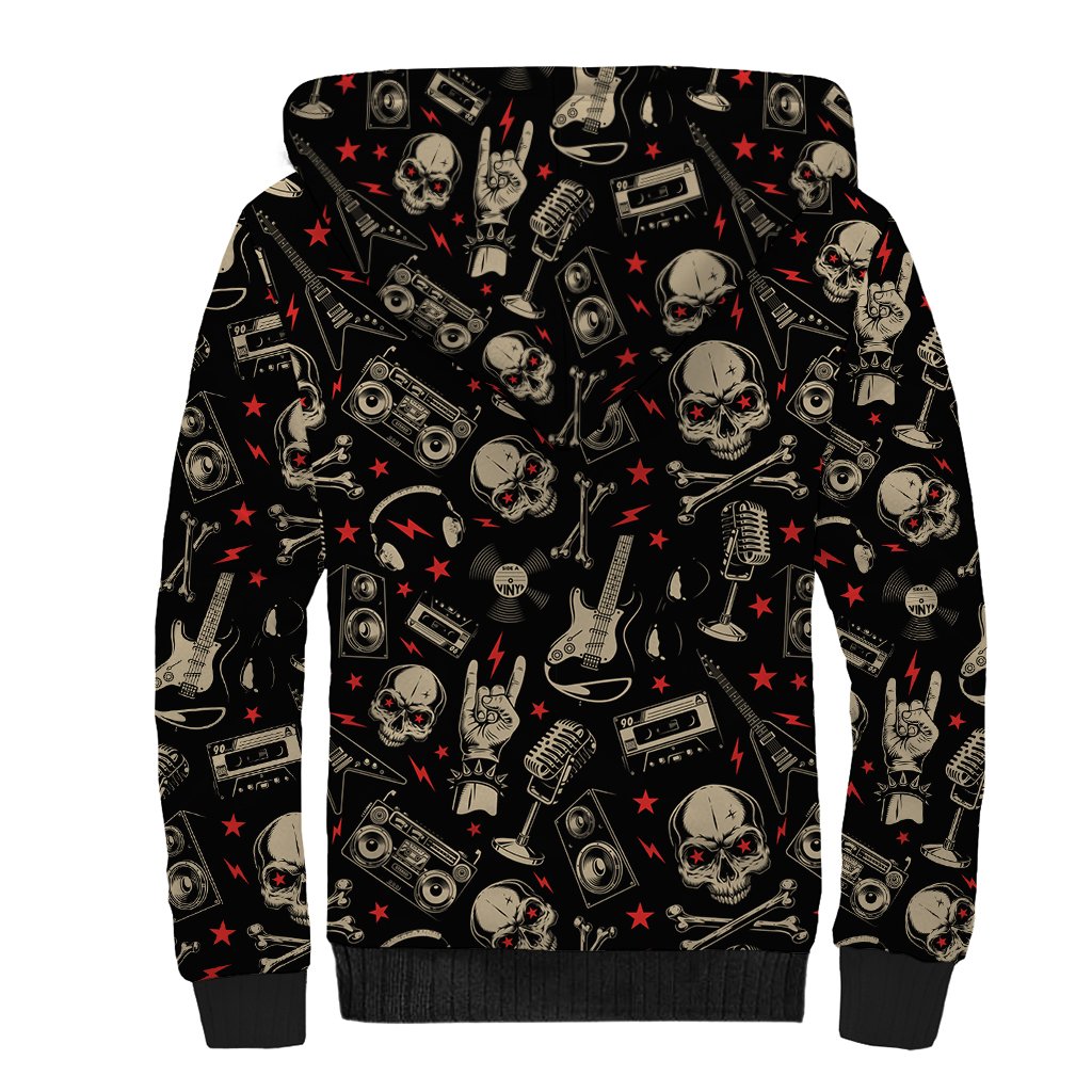 Rock And Roll Skull Pattern Design Sherpa Hoodie - Wonder Print Shop