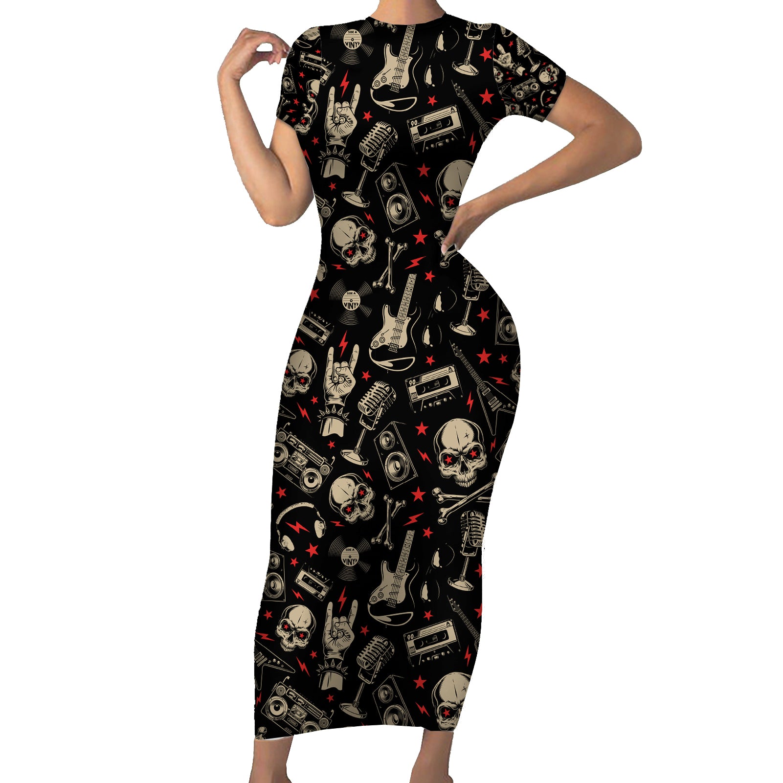 Rock And Roll Skull Pattern Design Short Sleeve Bodycon Dress - Wonder Print Shop