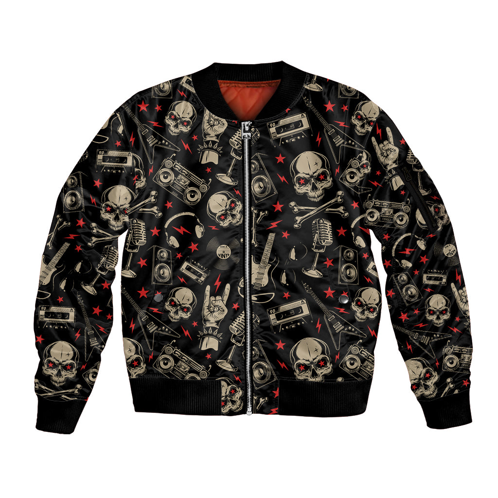 Rock And Roll Skull Pattern Design Sleeve Zip Bomber Jacket - Wonder Print Shop