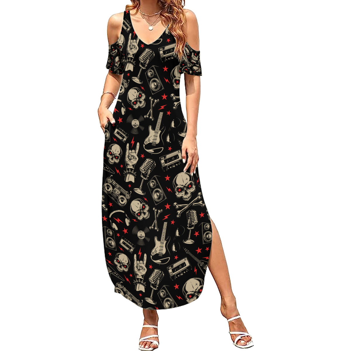 Rock And Roll Skull Pattern Design Summer Maxi Dress - Wonder Print Shop
