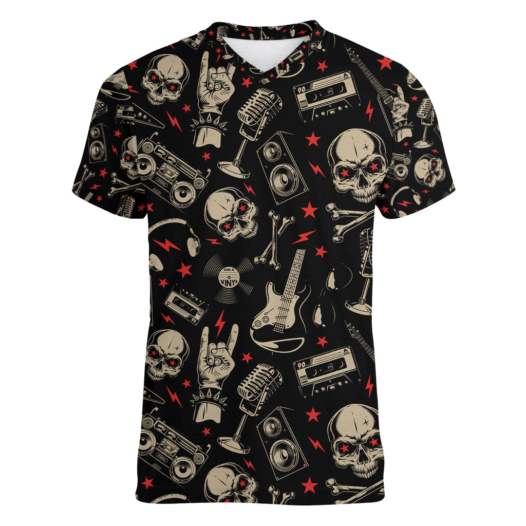 Rock And Roll Skull Pattern Design Women V Neck T Shirt - Wonder Print Shop