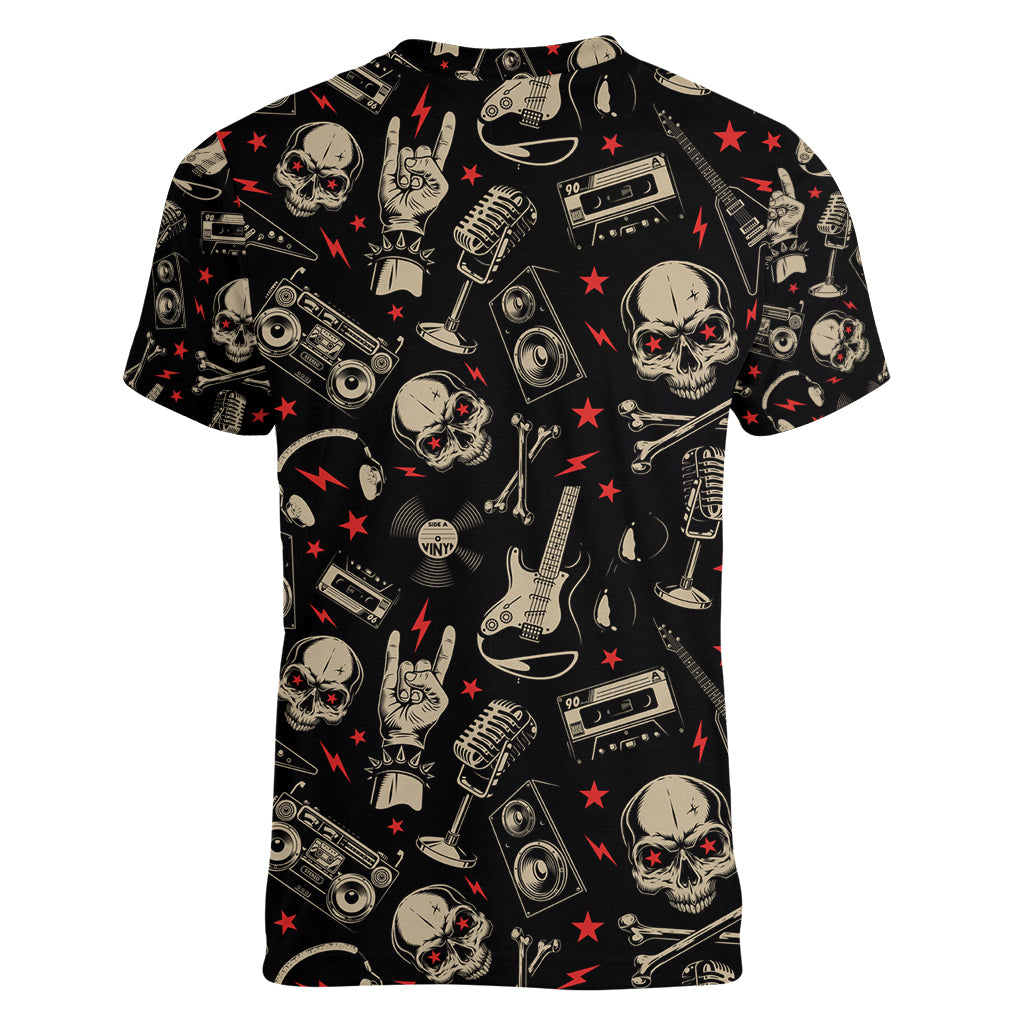 Rock And Roll Skull Pattern Design Women V Neck T Shirt - Wonder Print Shop