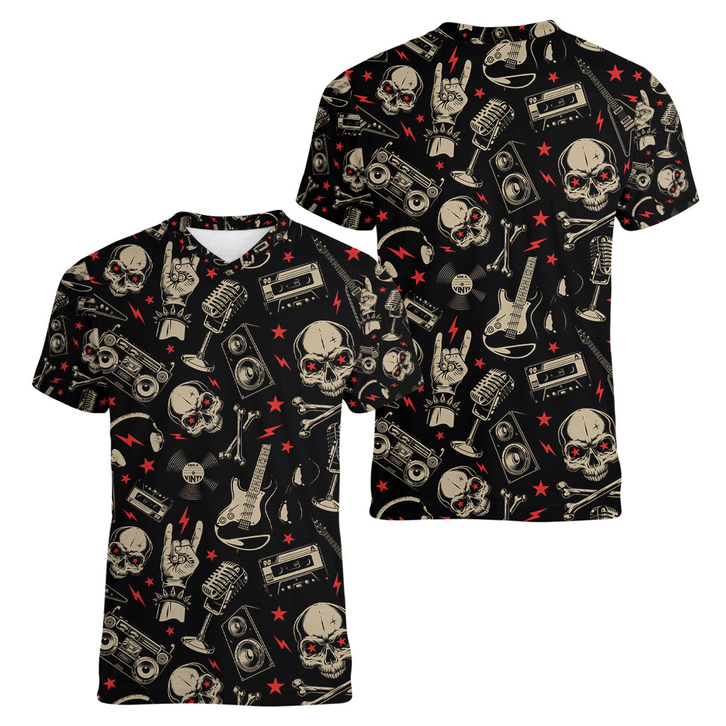 Rock And Roll Skull Pattern Design Women V Neck T Shirt - Wonder Print Shop