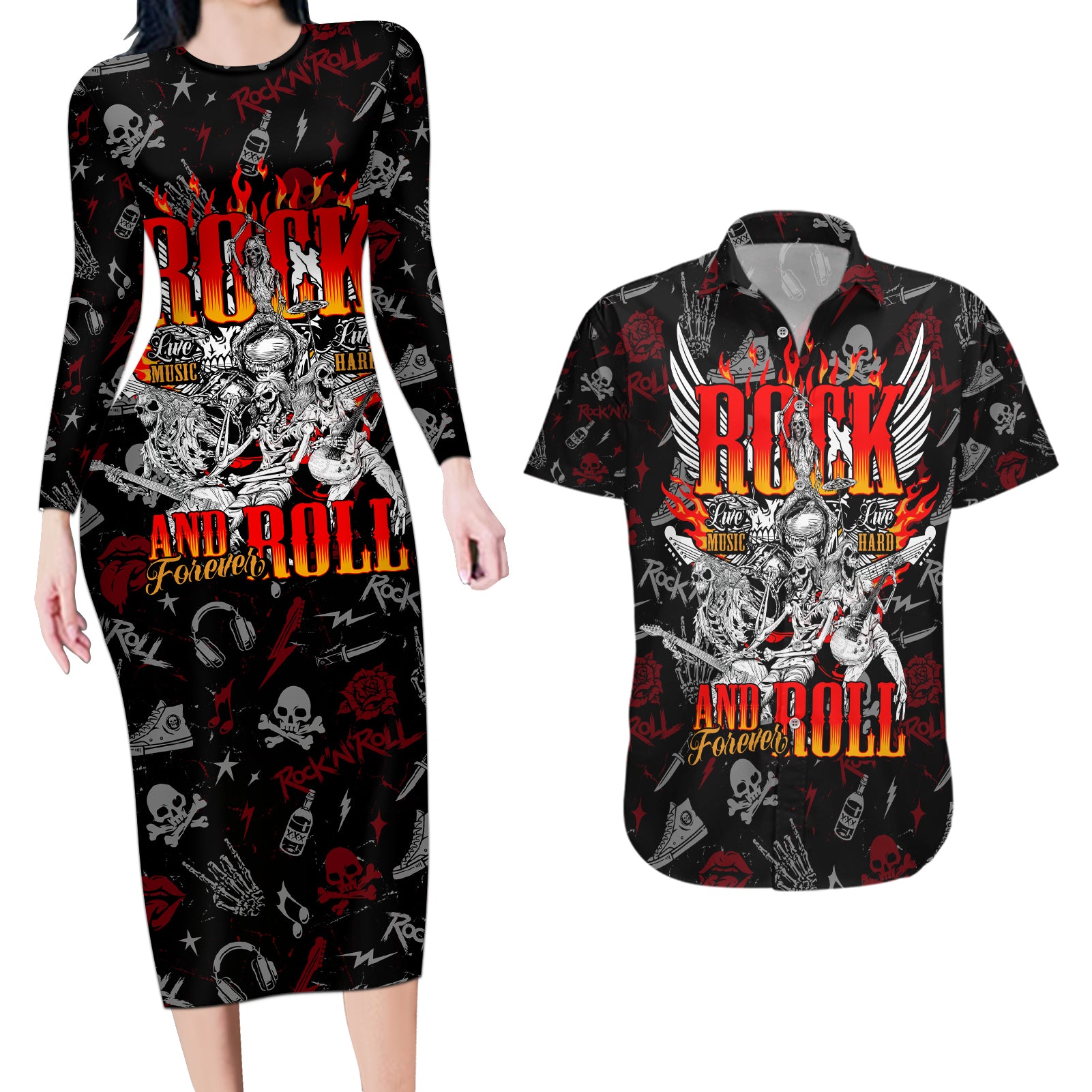 Rock And Roll Skull Forever Couples Matching Long Sleeve Bodycon Dress and Hawaiian Shirt - Wonder Print Shop