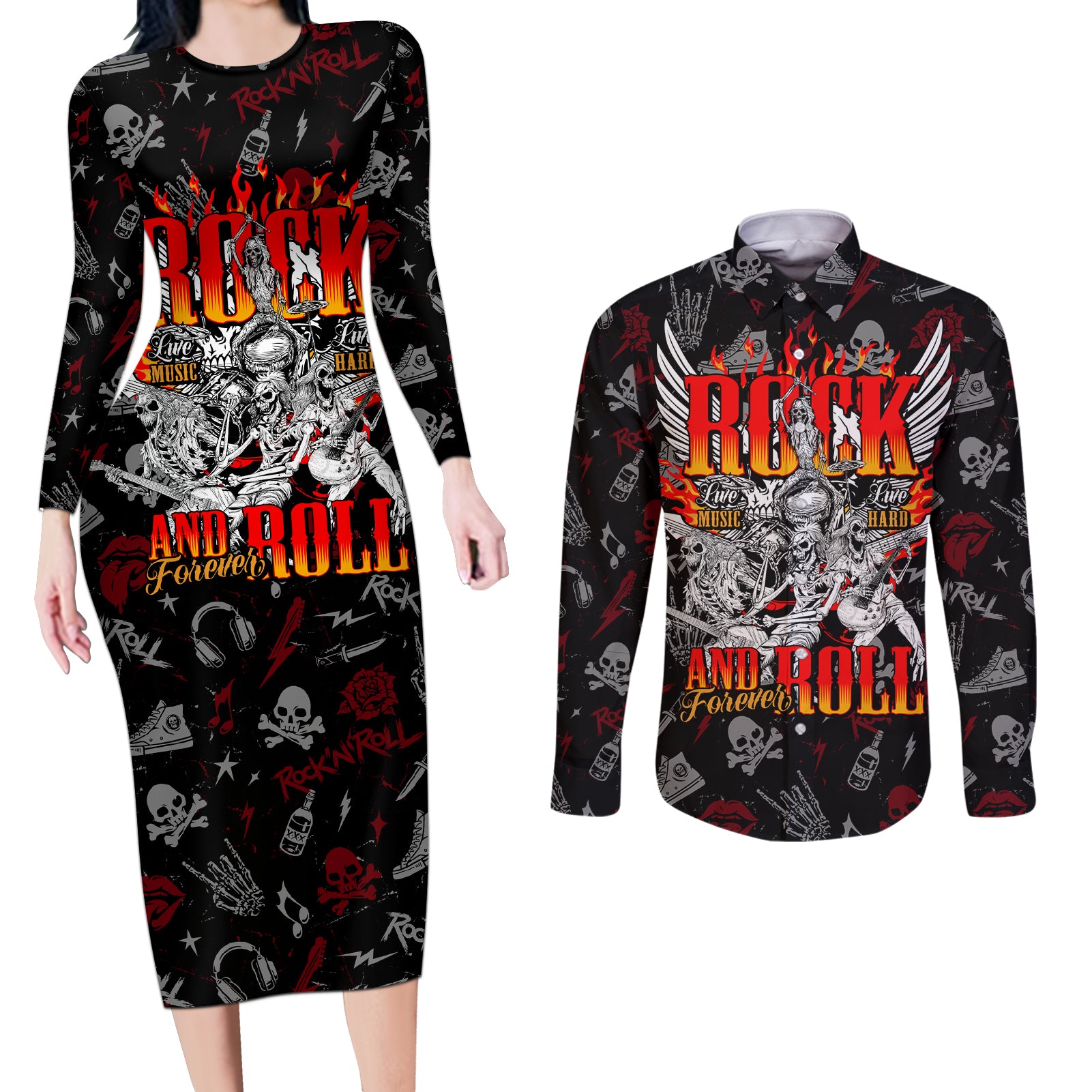 Rock And Roll Skull Forever Couples Matching Long Sleeve Bodycon Dress and Long Sleeve Button Shirts - Wonder Print Shop