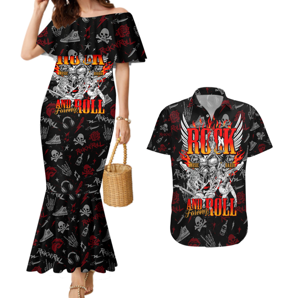Rock And Roll Skull Forever Couples Matching Mermaid Dress and Hawaiian Shirt - Wonder Print Shop