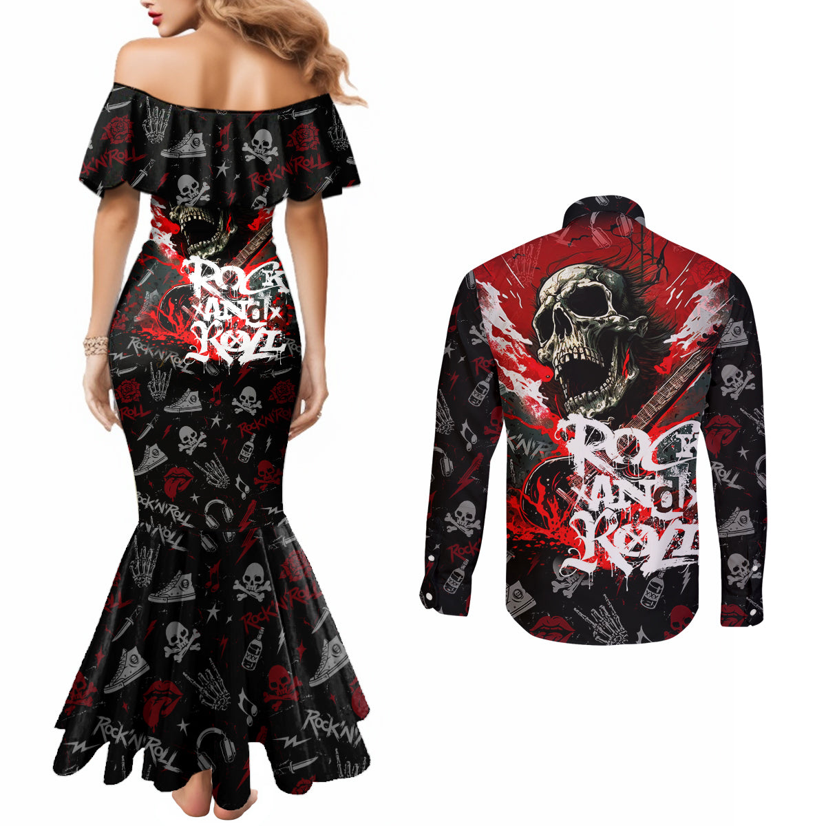 rock-and-roll-skull-forever-couples-matching-mermaid-dress-and-long-sleeve-button-shirts