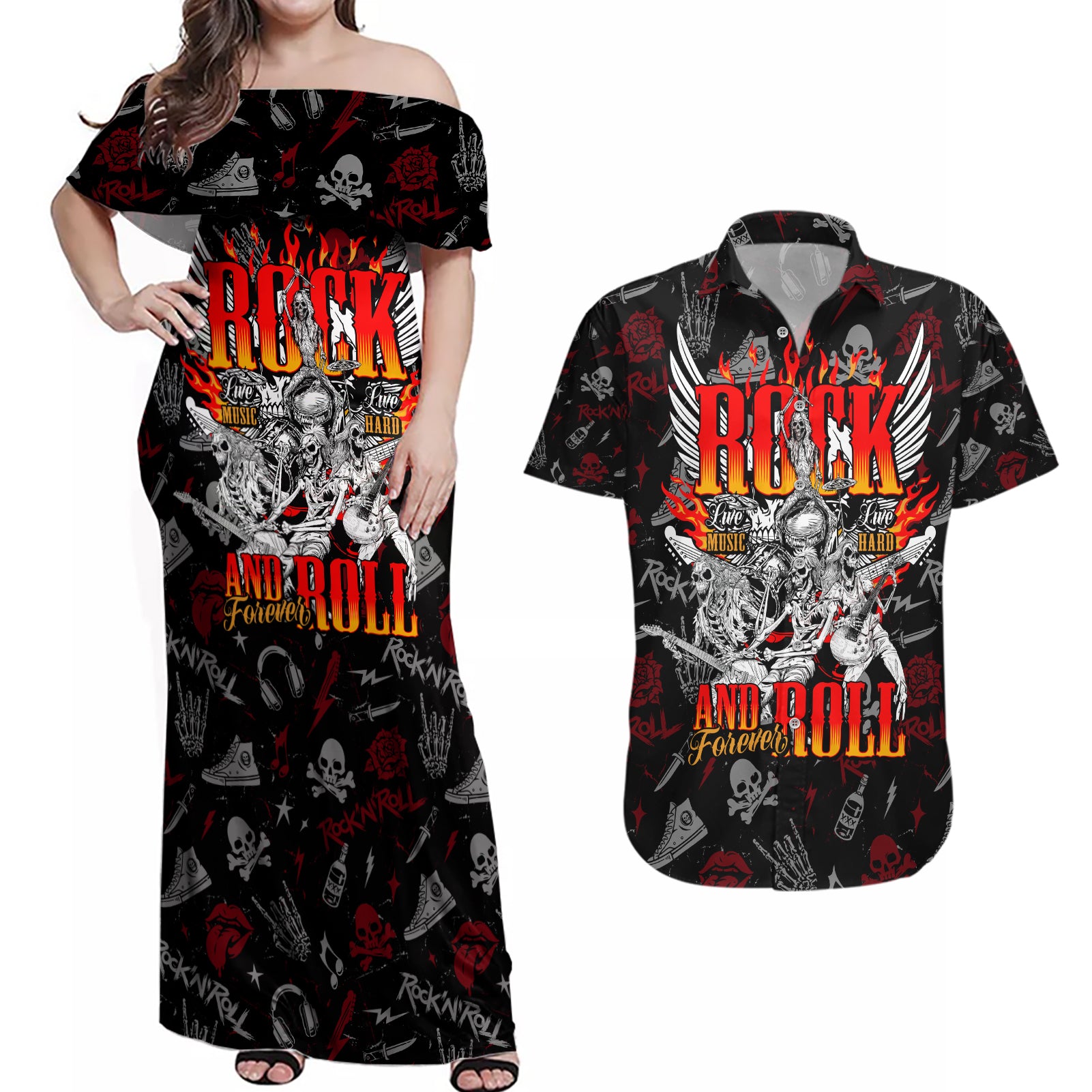 Rock And Roll Skull Forever Couples Matching Off Shoulder Maxi Dress and Hawaiian Shirt - Wonder Print Shop