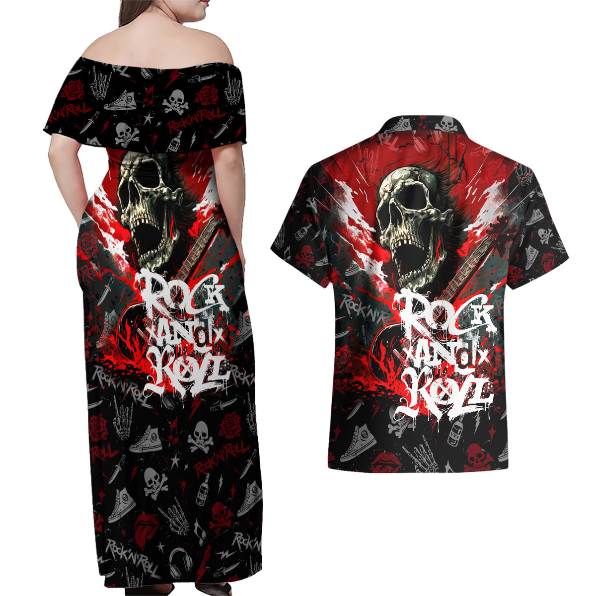 Rock And Roll Skull Forever Couples Matching Off Shoulder Maxi Dress and Hawaiian Shirt - Wonder Print Shop