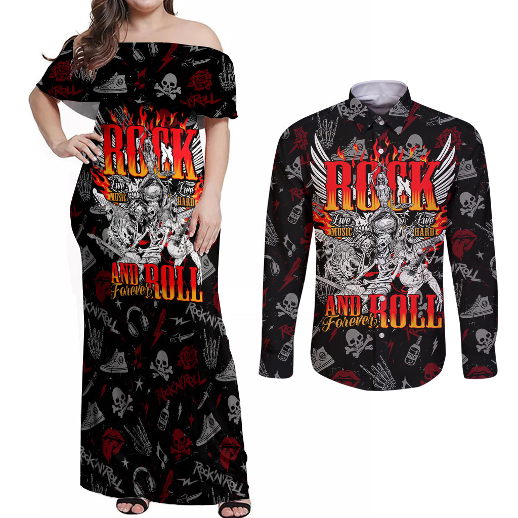 Rock And Roll Skull Forever Couples Matching Off Shoulder Maxi Dress and Long Sleeve Button Shirts - Wonder Print Shop