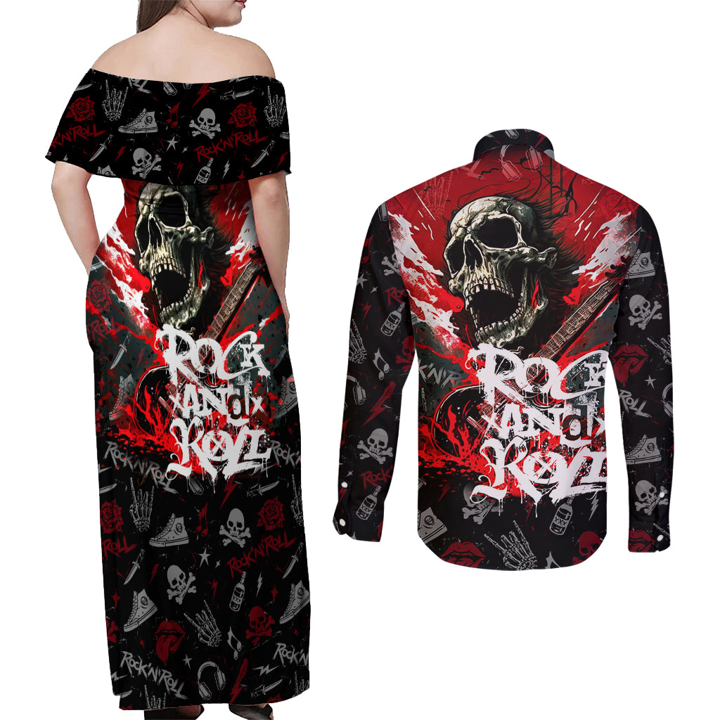 Rock And Roll Skull Forever Couples Matching Off Shoulder Maxi Dress and Long Sleeve Button Shirts - Wonder Print Shop