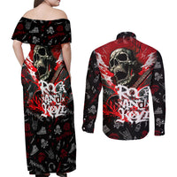 Rock And Roll Skull Forever Couples Matching Off Shoulder Maxi Dress and Long Sleeve Button Shirts - Wonder Print Shop