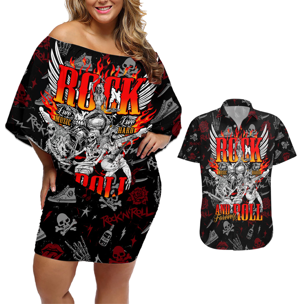 Rock And Roll Skull Forever Couples Matching Off Shoulder Short Dress and Hawaiian Shirt - Wonder Print Shop