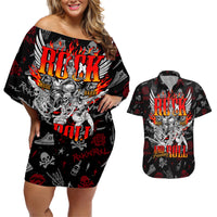 Rock And Roll Skull Forever Couples Matching Off Shoulder Short Dress and Hawaiian Shirt - Wonder Print Shop