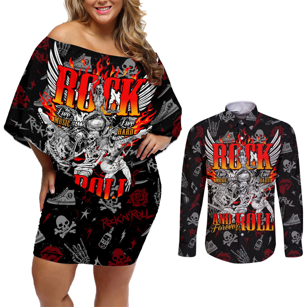 Rock And Roll Skull Forever Couples Matching Off Shoulder Short Dress and Long Sleeve Button Shirts - Wonder Print Shop