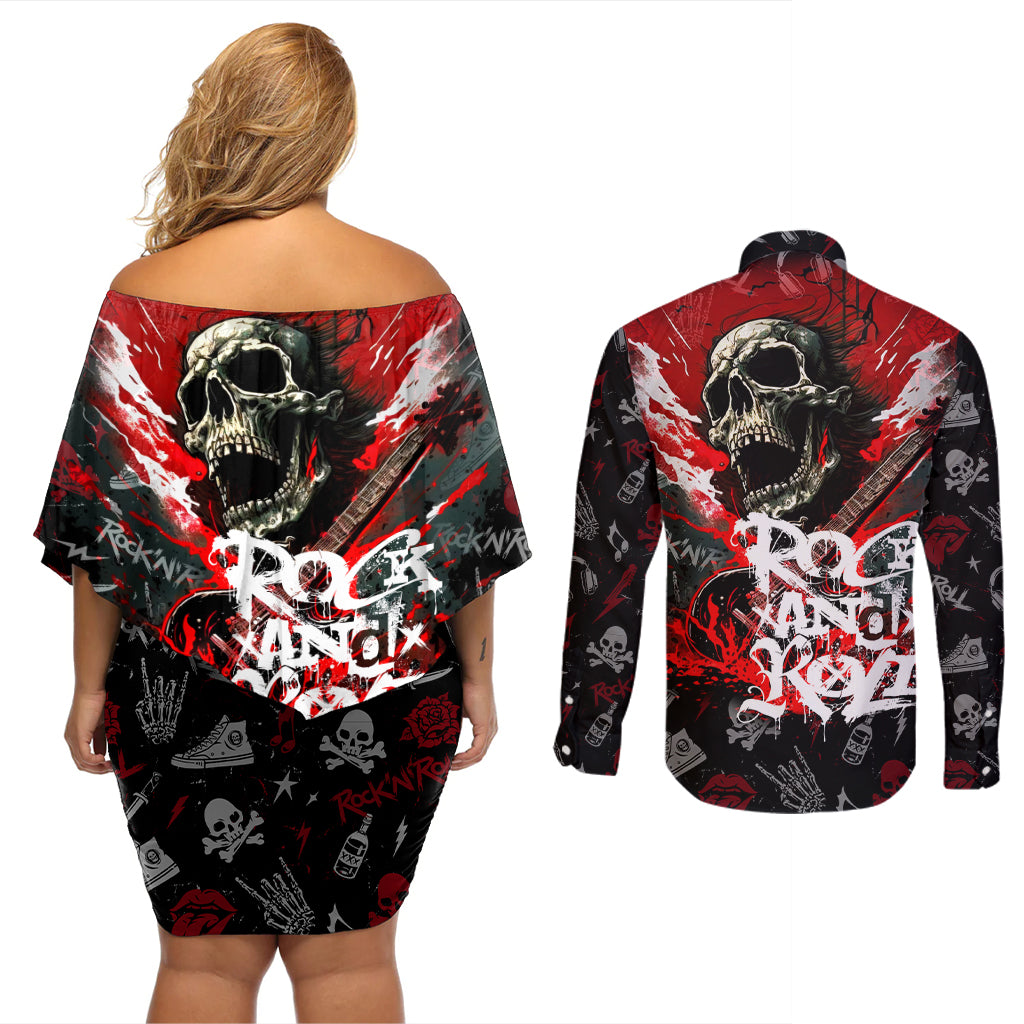 Rock And Roll Skull Forever Couples Matching Off Shoulder Short Dress and Long Sleeve Button Shirts - Wonder Print Shop