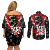 Rock And Roll Skull Forever Couples Matching Off Shoulder Short Dress and Long Sleeve Button Shirts - Wonder Print Shop