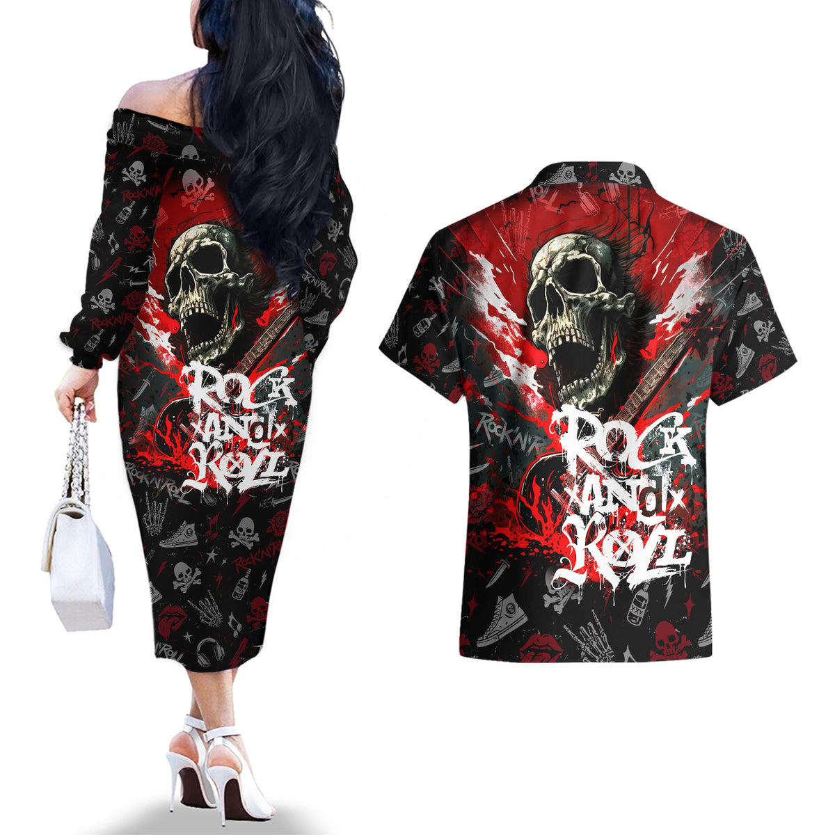 Rock And Roll Skull Forever Couples Matching Off The Shoulder Long Sleeve Dress and Hawaiian Shirt - Wonder Print Shop