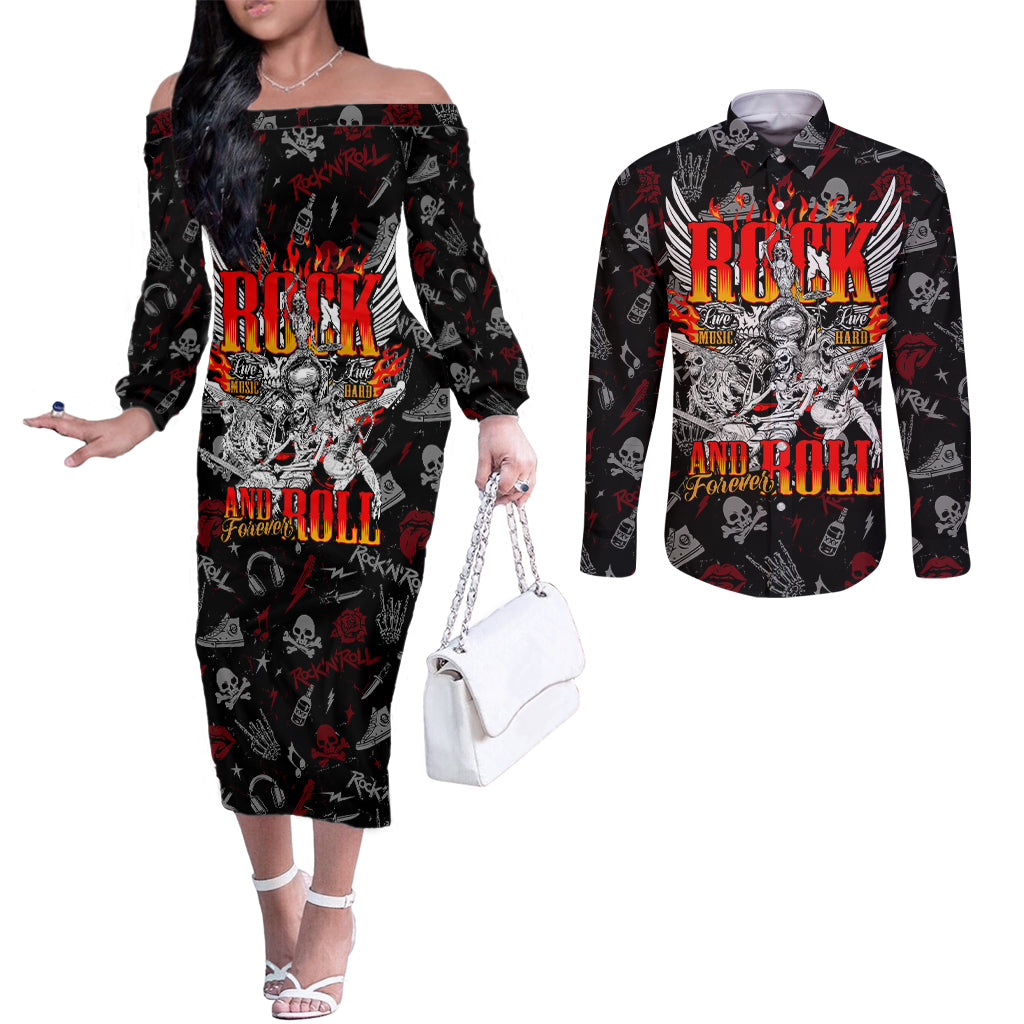 rock-and-roll-skull-forever-couples-matching-off-the-shoulder-long-sleeve-dress-and-long-sleeve-button-shirts