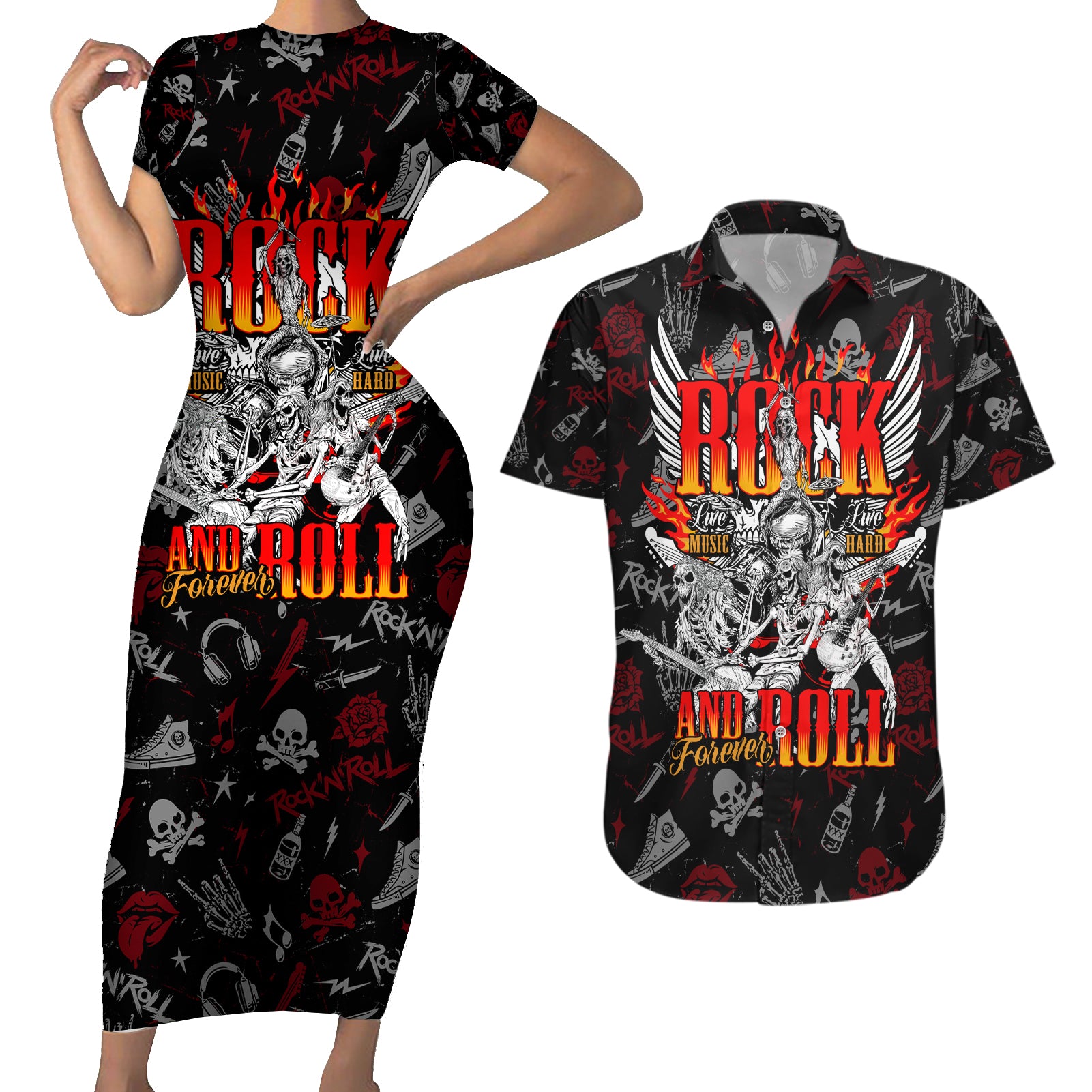 Rock And Roll Skull Forever Couples Matching Short Sleeve Bodycon Dress and Hawaiian Shirt - Wonder Print Shop