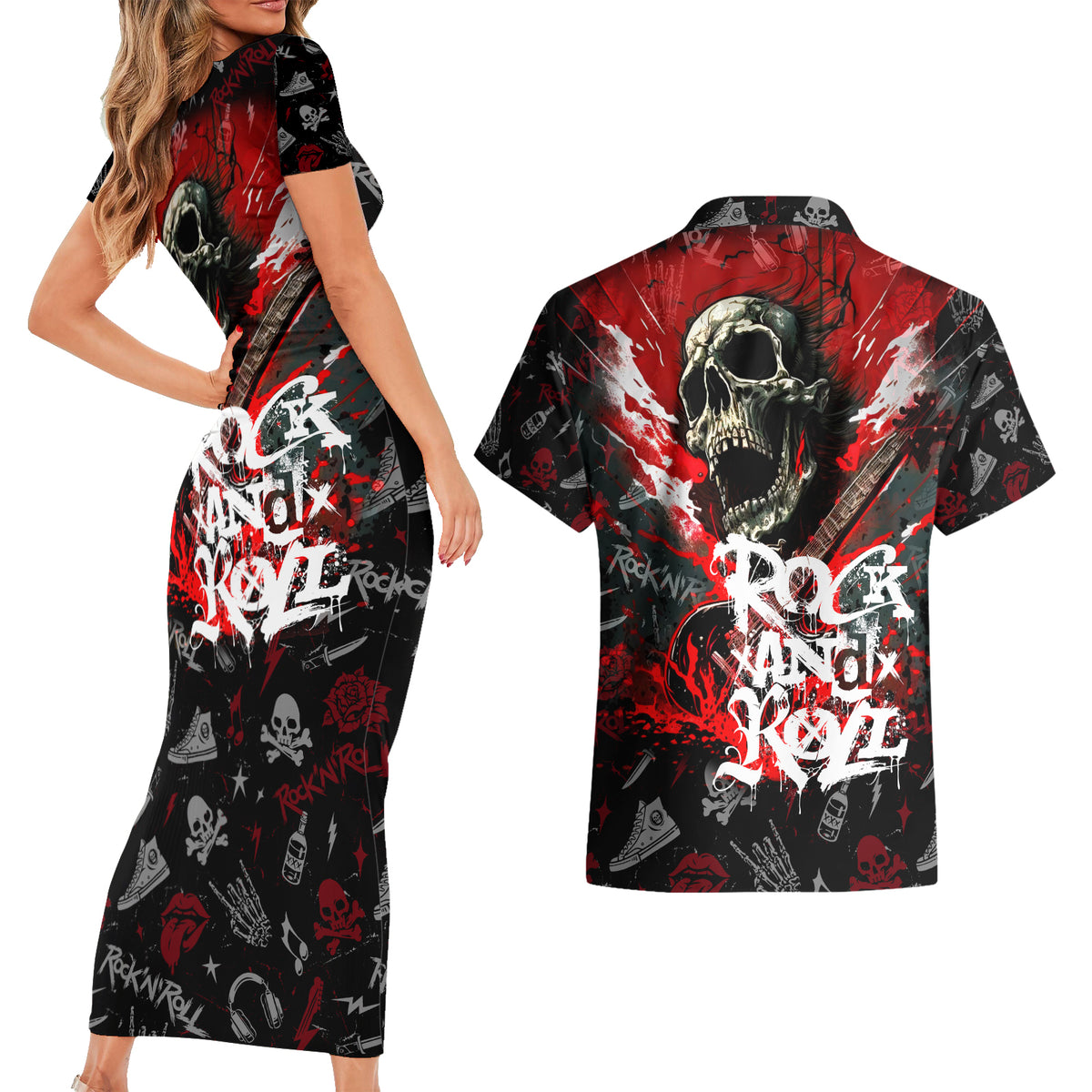 Rock And Roll Skull Forever Couples Matching Short Sleeve Bodycon Dress and Hawaiian Shirt - Wonder Print Shop