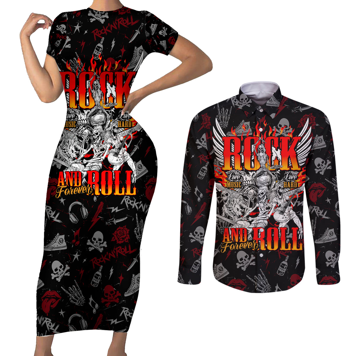 Rock And Roll Skull Forever Couples Matching Short Sleeve Bodycon Dress and Long Sleeve Button Shirts - Wonder Print Shop