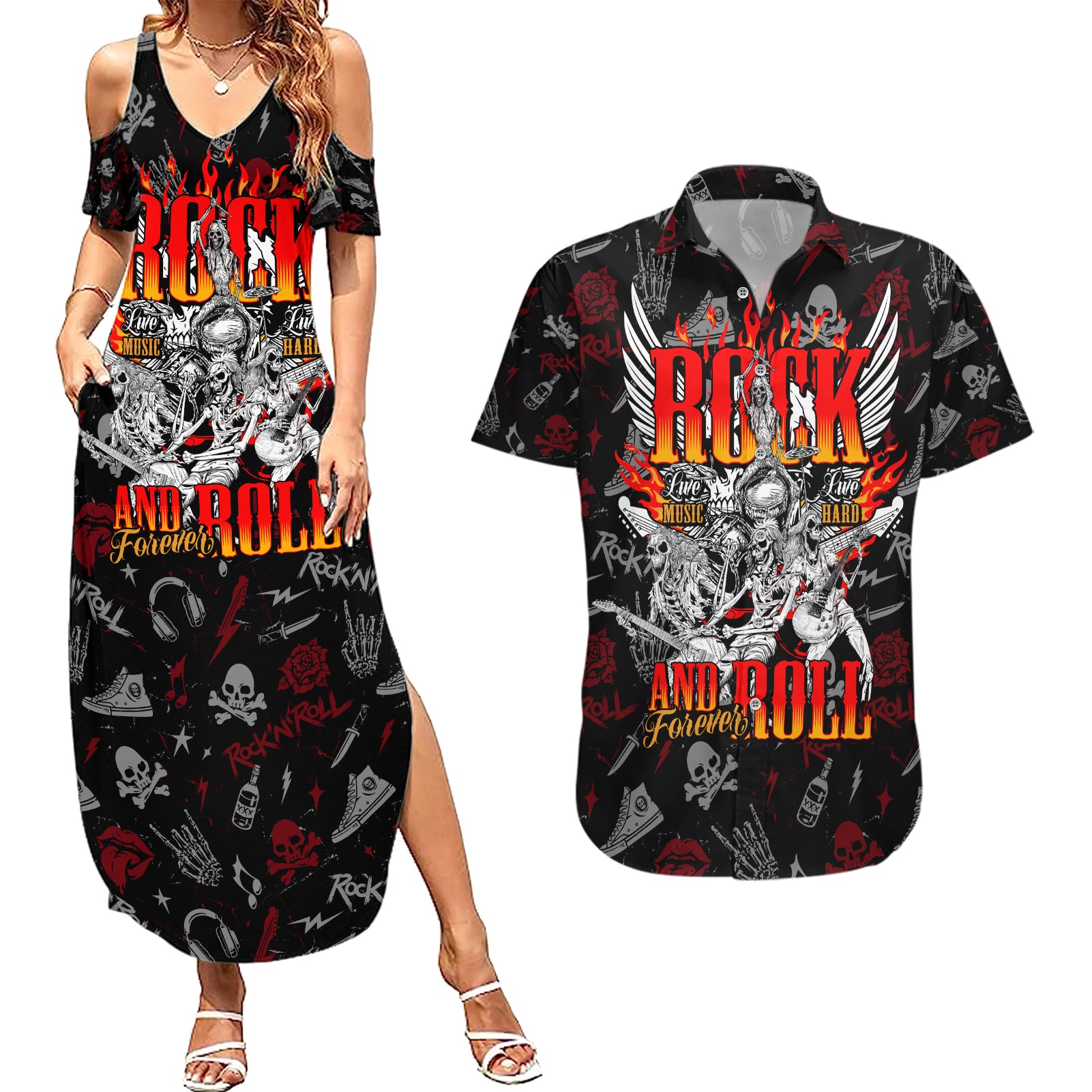 Rock And Roll Skull Forever Couples Matching Summer Maxi Dress and Hawaiian Shirt - Wonder Print Shop