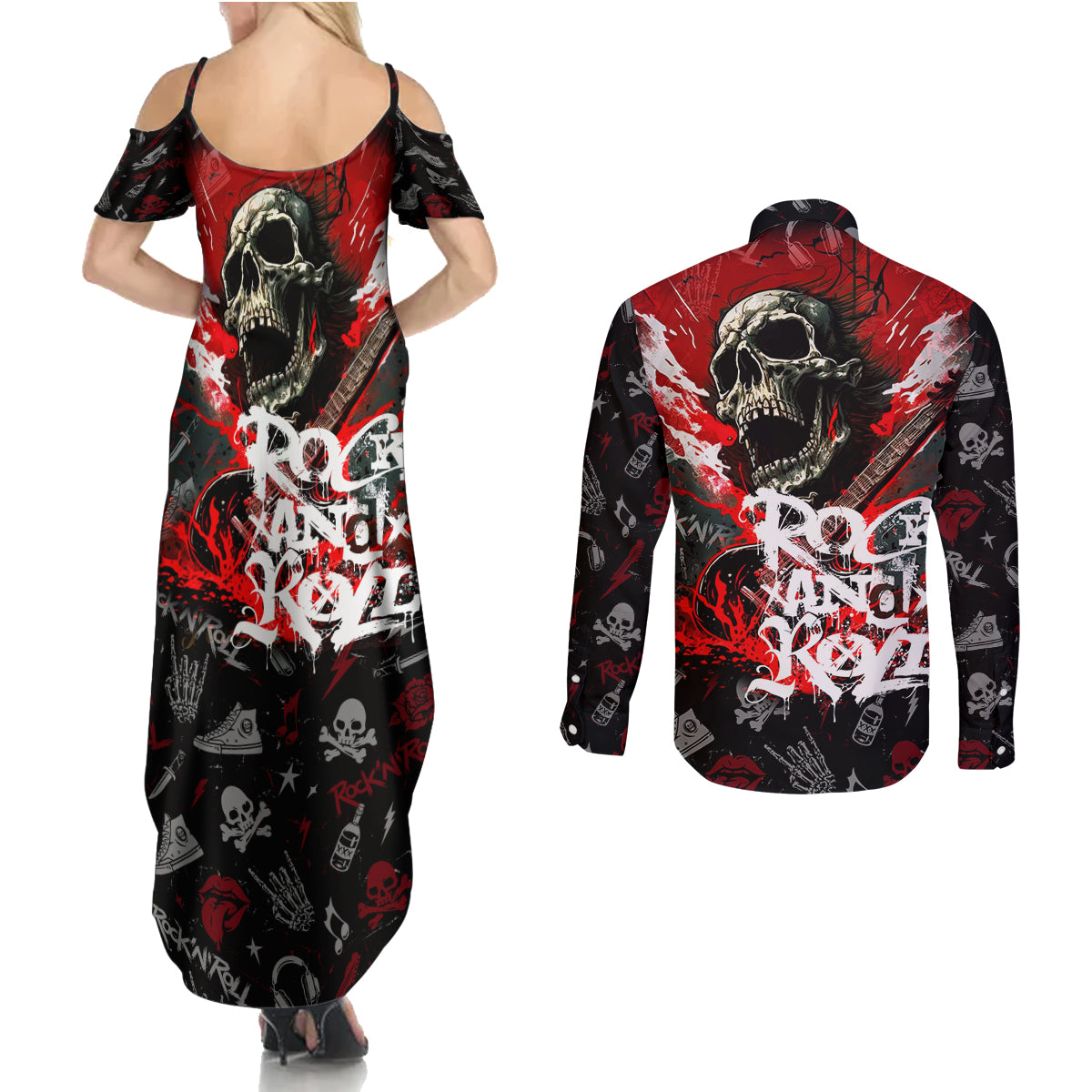 Rock And Roll Skull Forever Couples Matching Summer Maxi Dress and Long Sleeve Button Shirts - Wonder Print Shop