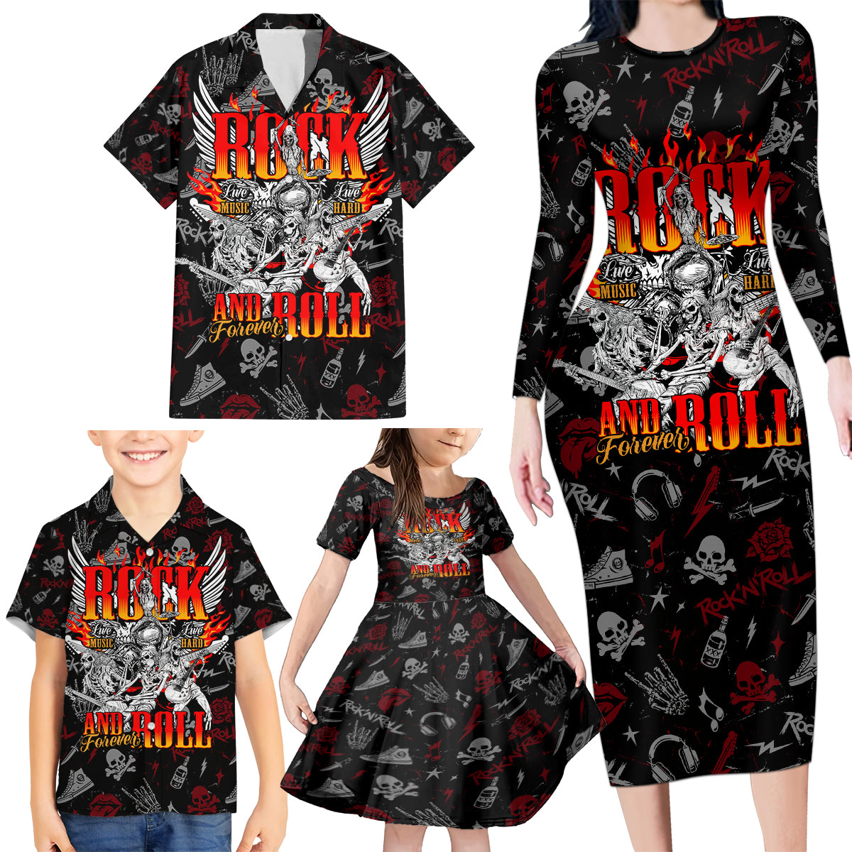 Rock And Roll Skull Forever Family Matching Long Sleeve Bodycon Dress and Hawaiian Shirt - Wonder Print Shop