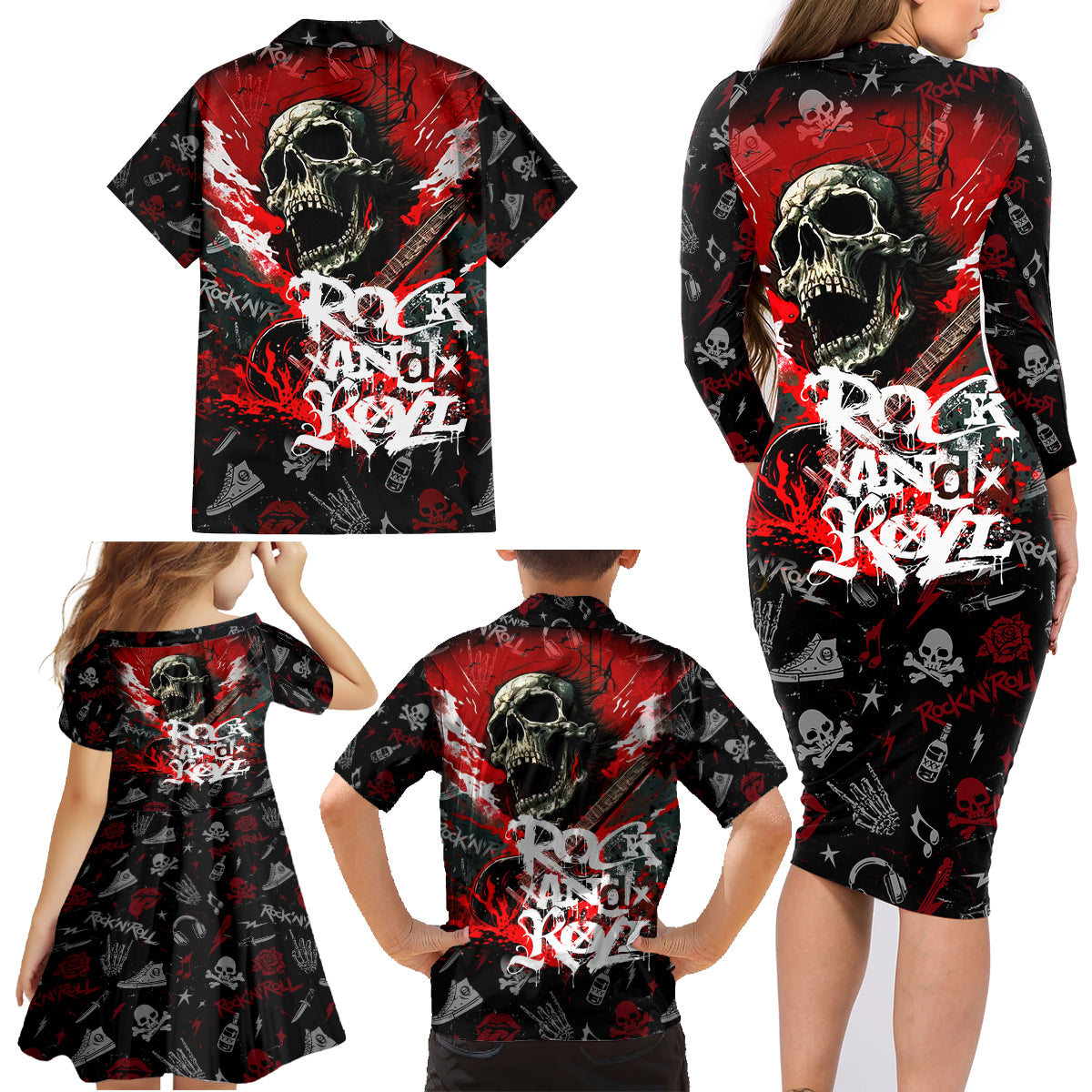 Rock And Roll Skull Forever Family Matching Long Sleeve Bodycon Dress and Hawaiian Shirt - Wonder Print Shop