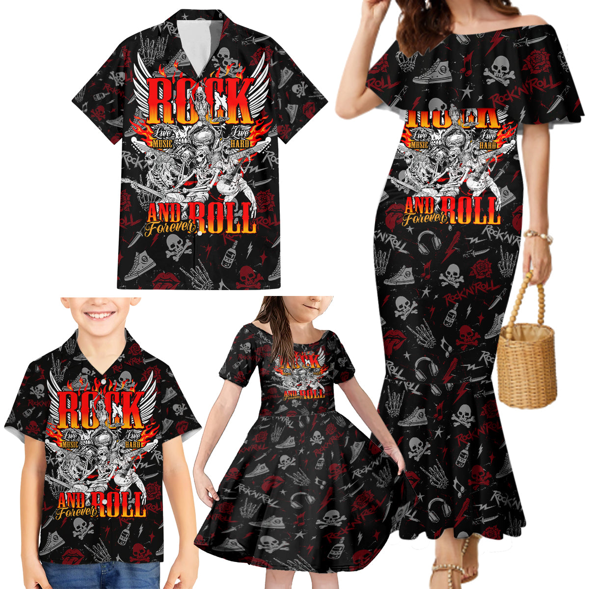 Rock And Roll Skull Forever Family Matching Mermaid Dress and Hawaiian Shirt - Wonder Print Shop