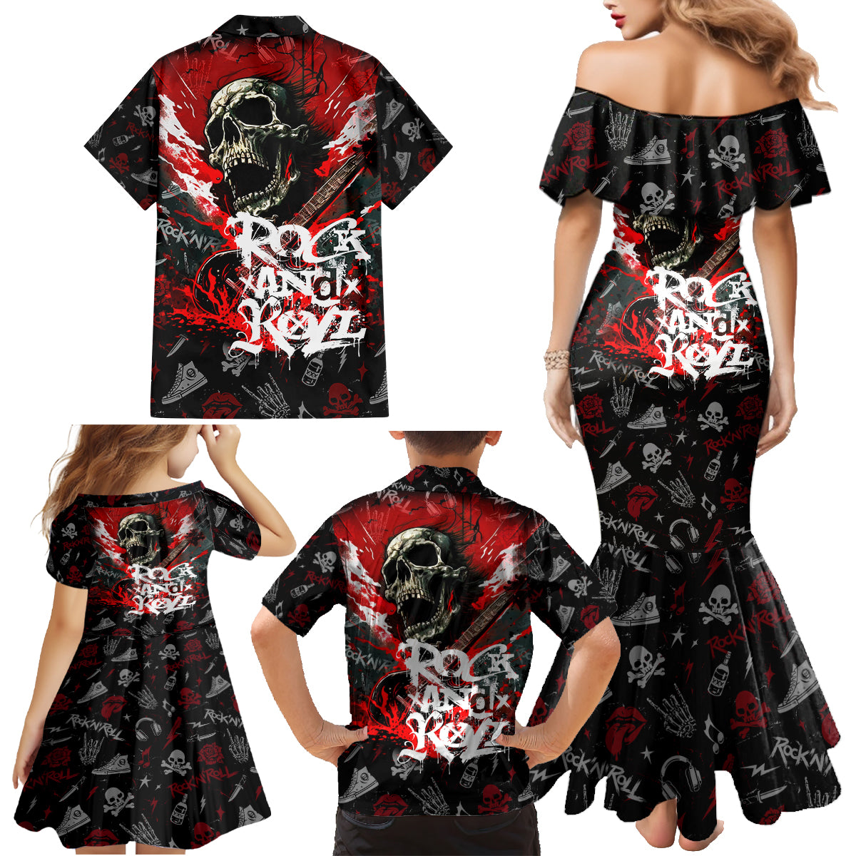 Rock And Roll Skull Forever Family Matching Mermaid Dress and Hawaiian Shirt - Wonder Print Shop