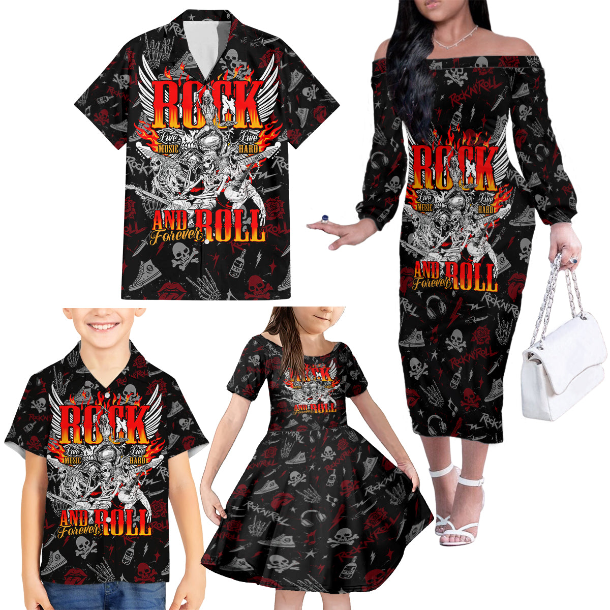 Rock And Roll Skull Forever Family Matching Off Shoulder Long Sleeve Dress and Hawaiian Shirt - Wonder Print Shop