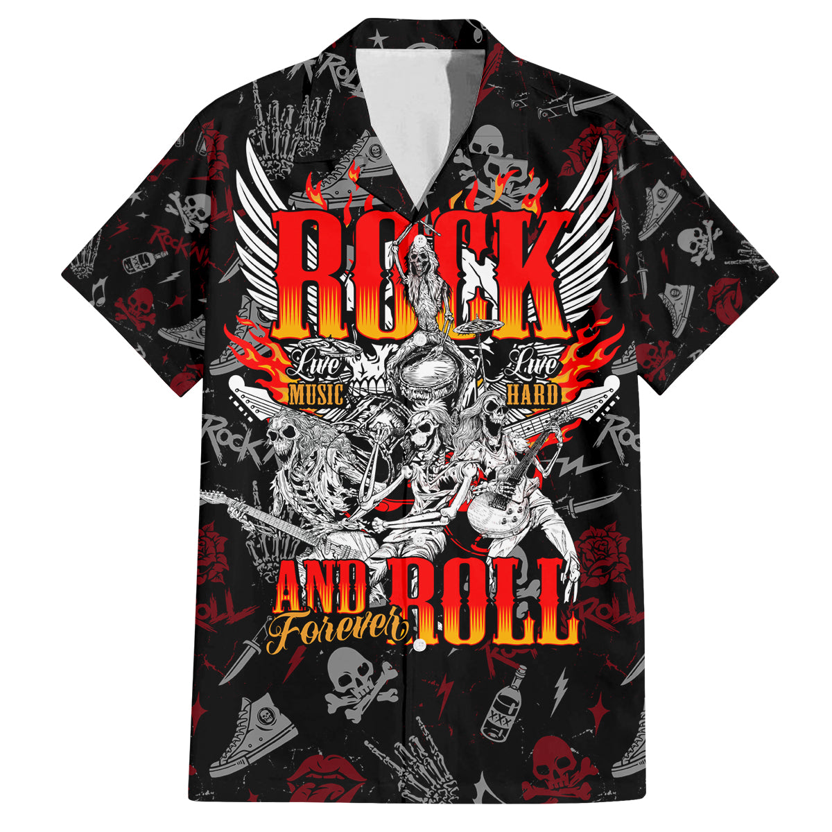 Rock And Roll Skull Forever Family Matching Off Shoulder Long Sleeve Dress and Hawaiian Shirt - Wonder Print Shop