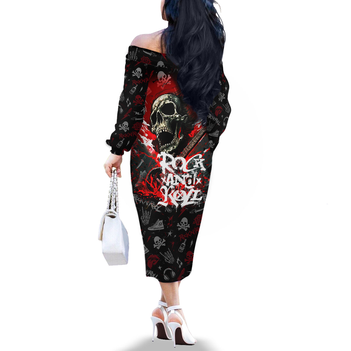 Rock And Roll Skull Forever Family Matching Off Shoulder Long Sleeve Dress and Hawaiian Shirt - Wonder Print Shop