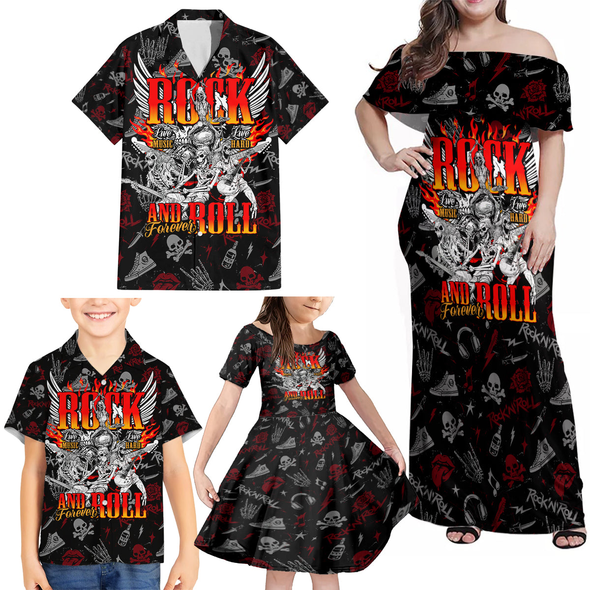 Rock And Roll Skull Forever Family Matching Off Shoulder Maxi Dress and Hawaiian Shirt - Wonder Print Shop
