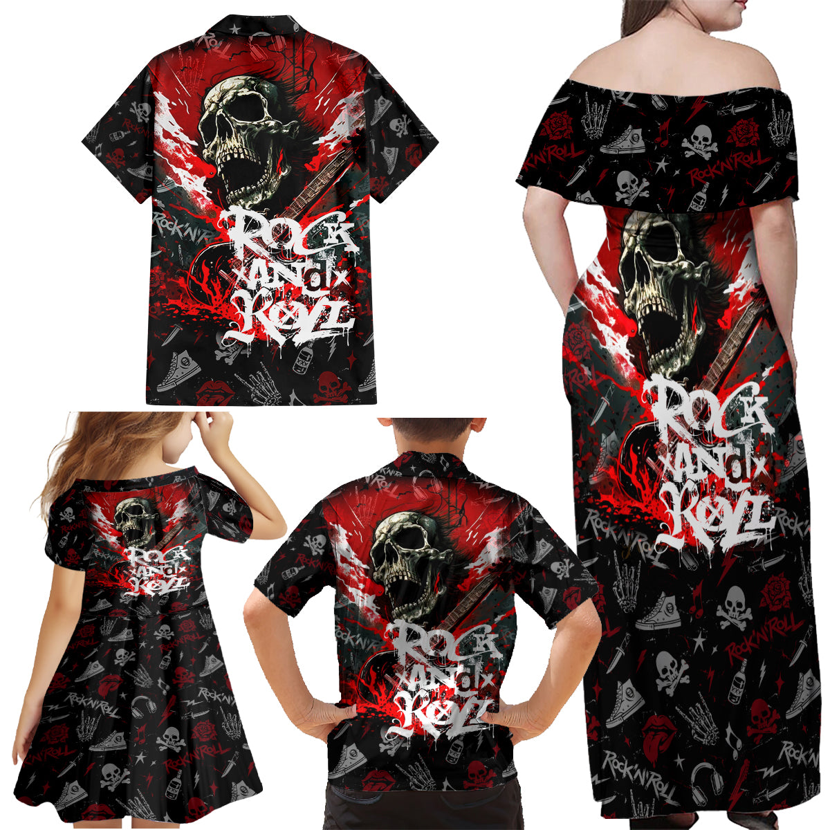 Rock And Roll Skull Forever Family Matching Off Shoulder Maxi Dress and Hawaiian Shirt - Wonder Print Shop