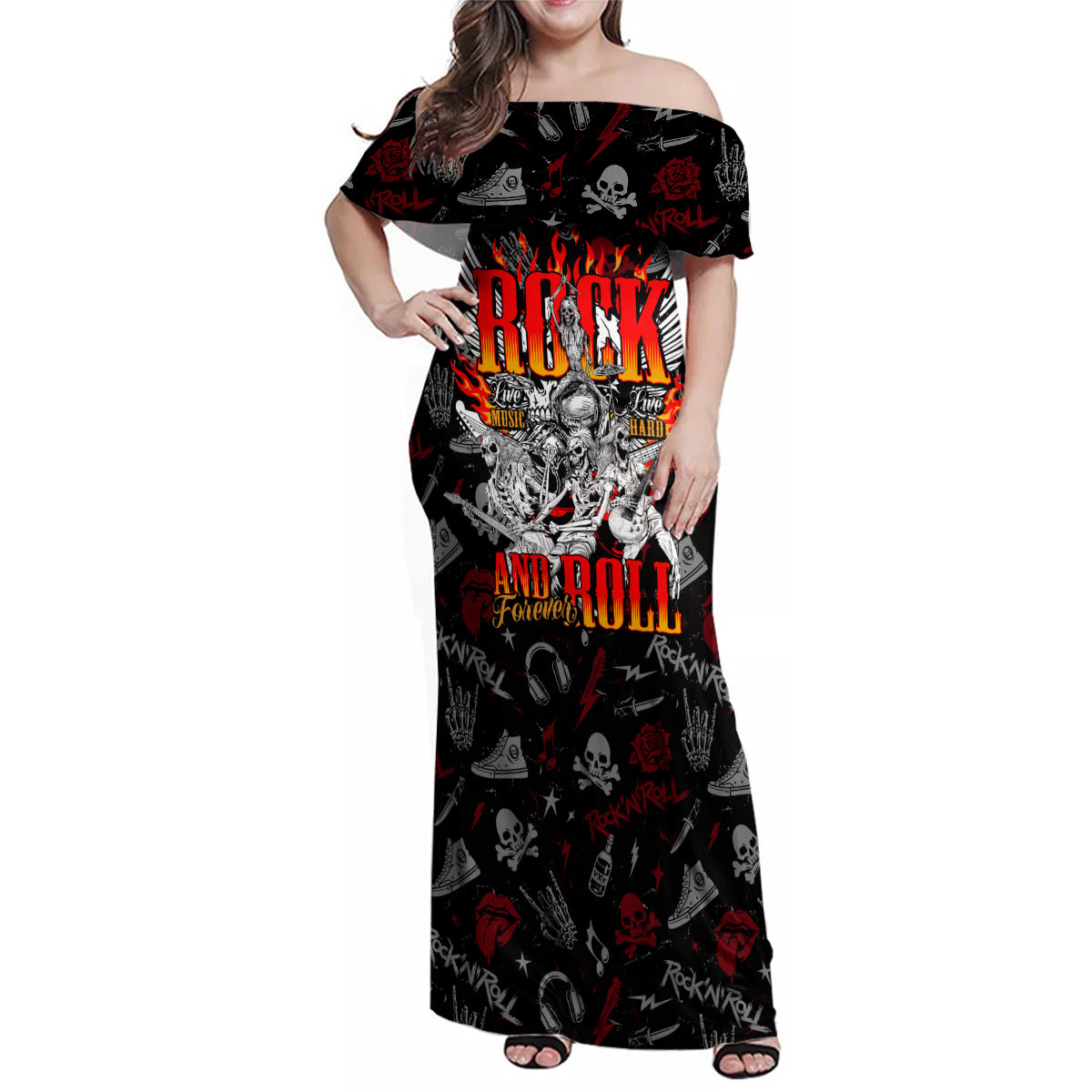 Rock And Roll Skull Forever Family Matching Off Shoulder Maxi Dress and Hawaiian Shirt - Wonder Print Shop