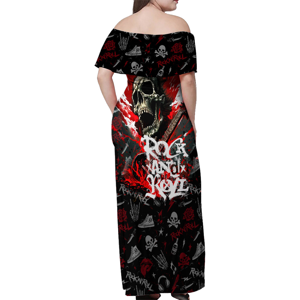 Rock And Roll Skull Forever Family Matching Off Shoulder Maxi Dress and Hawaiian Shirt - Wonder Print Shop