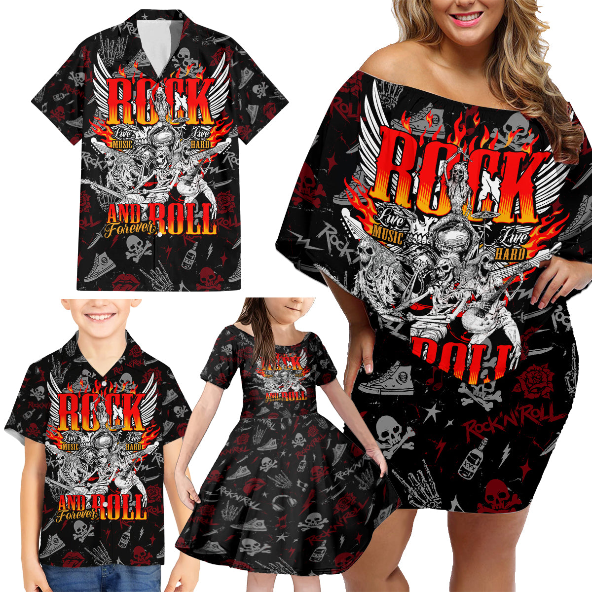 Rock And Roll Skull Forever Family Matching Off Shoulder Short Dress and Hawaiian Shirt - Wonder Print Shop