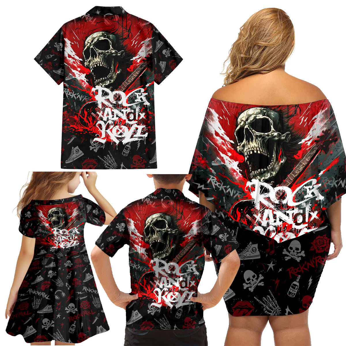 Rock And Roll Skull Forever Family Matching Off Shoulder Short Dress and Hawaiian Shirt - Wonder Print Shop