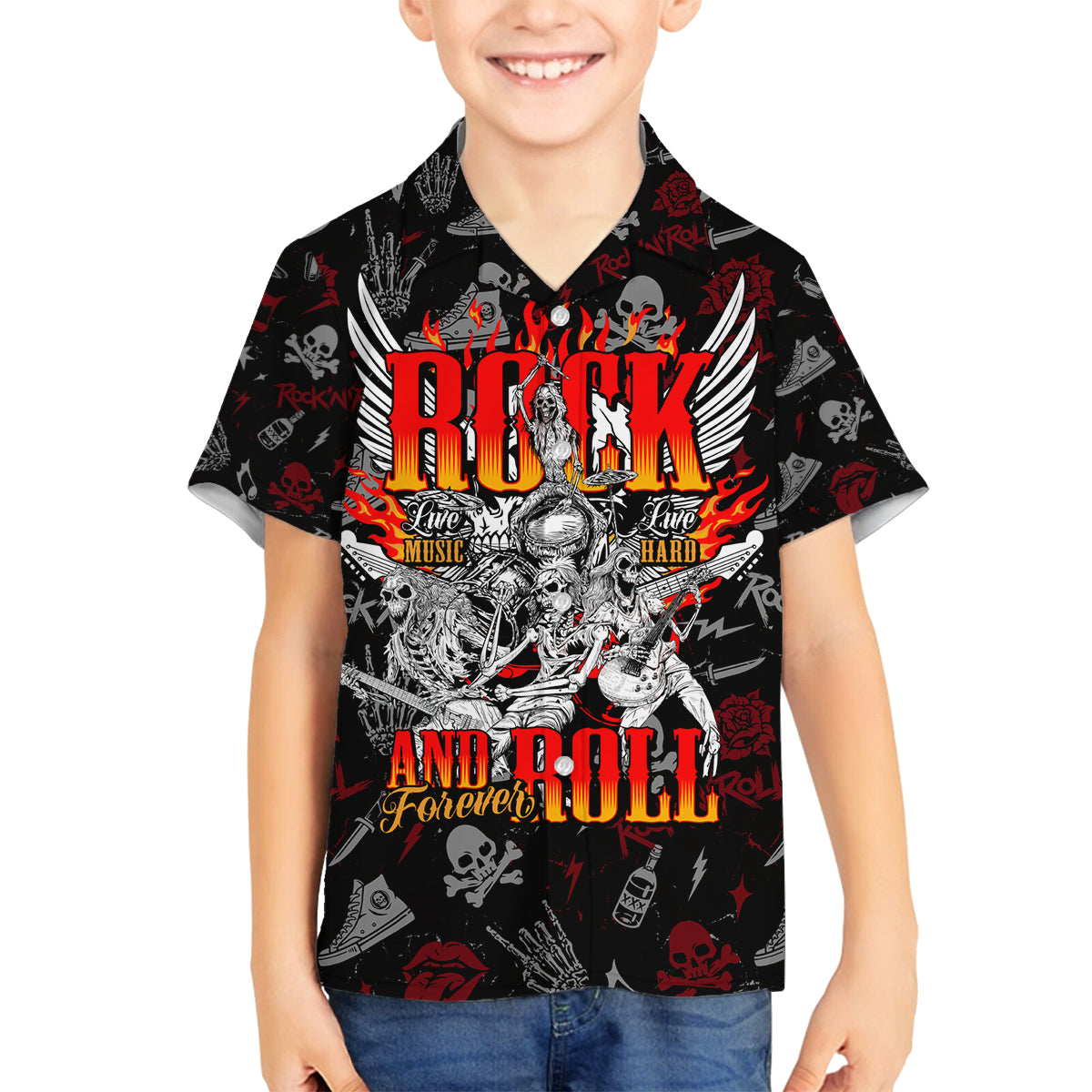 Rock And Roll Skull Forever Family Matching Off Shoulder Short Dress and Hawaiian Shirt - Wonder Print Shop