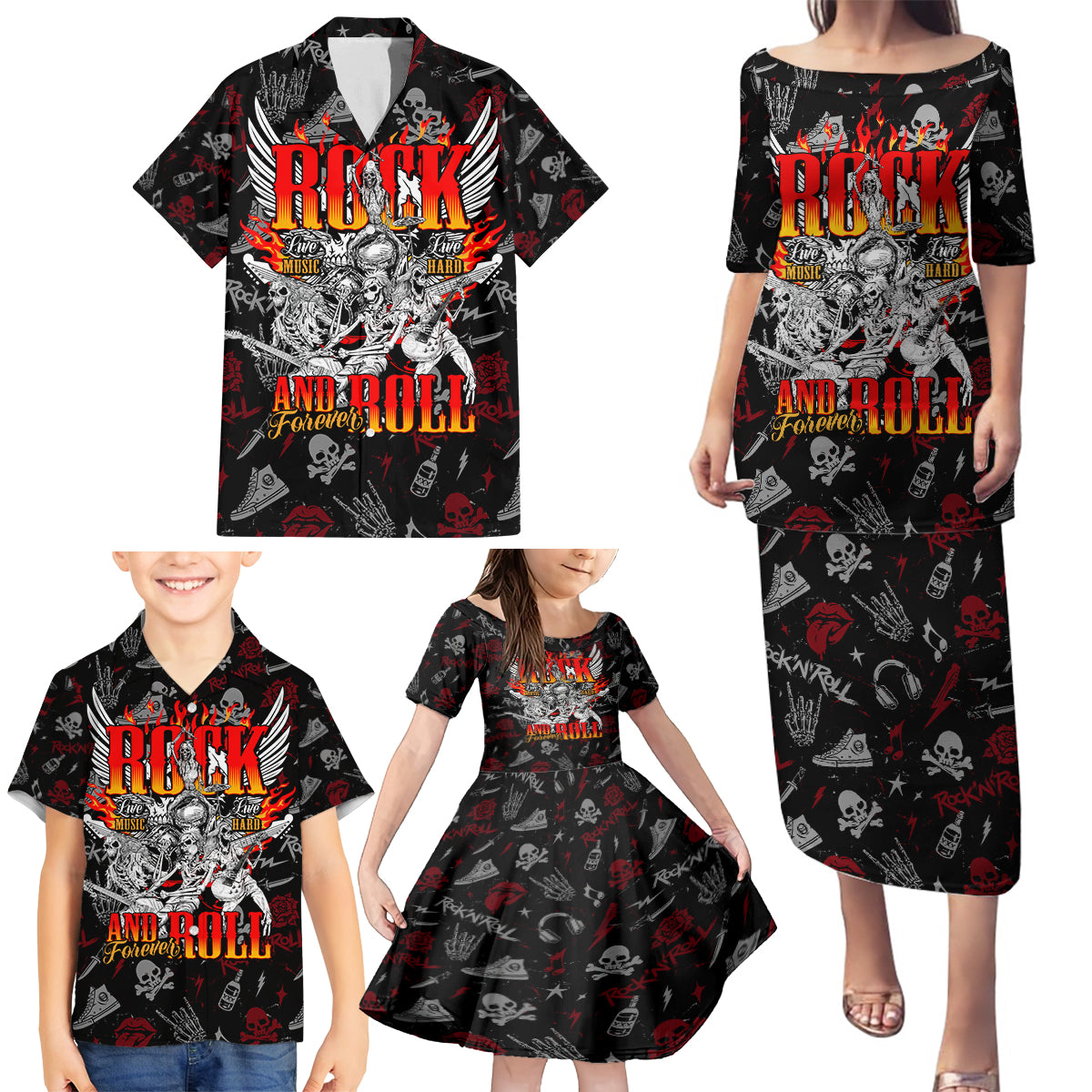 Rock And Roll Skull Forever Family Matching Puletasi Dress and Hawaiian Shirt - Wonder Print Shop