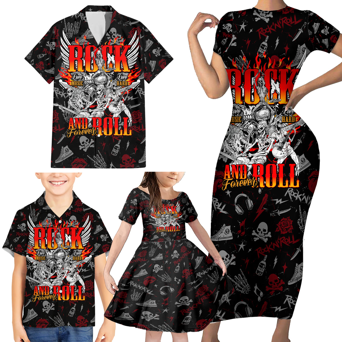 Rock And Roll Skull Forever Family Matching Short Sleeve Bodycon Dress and Hawaiian Shirt - Wonder Print Shop