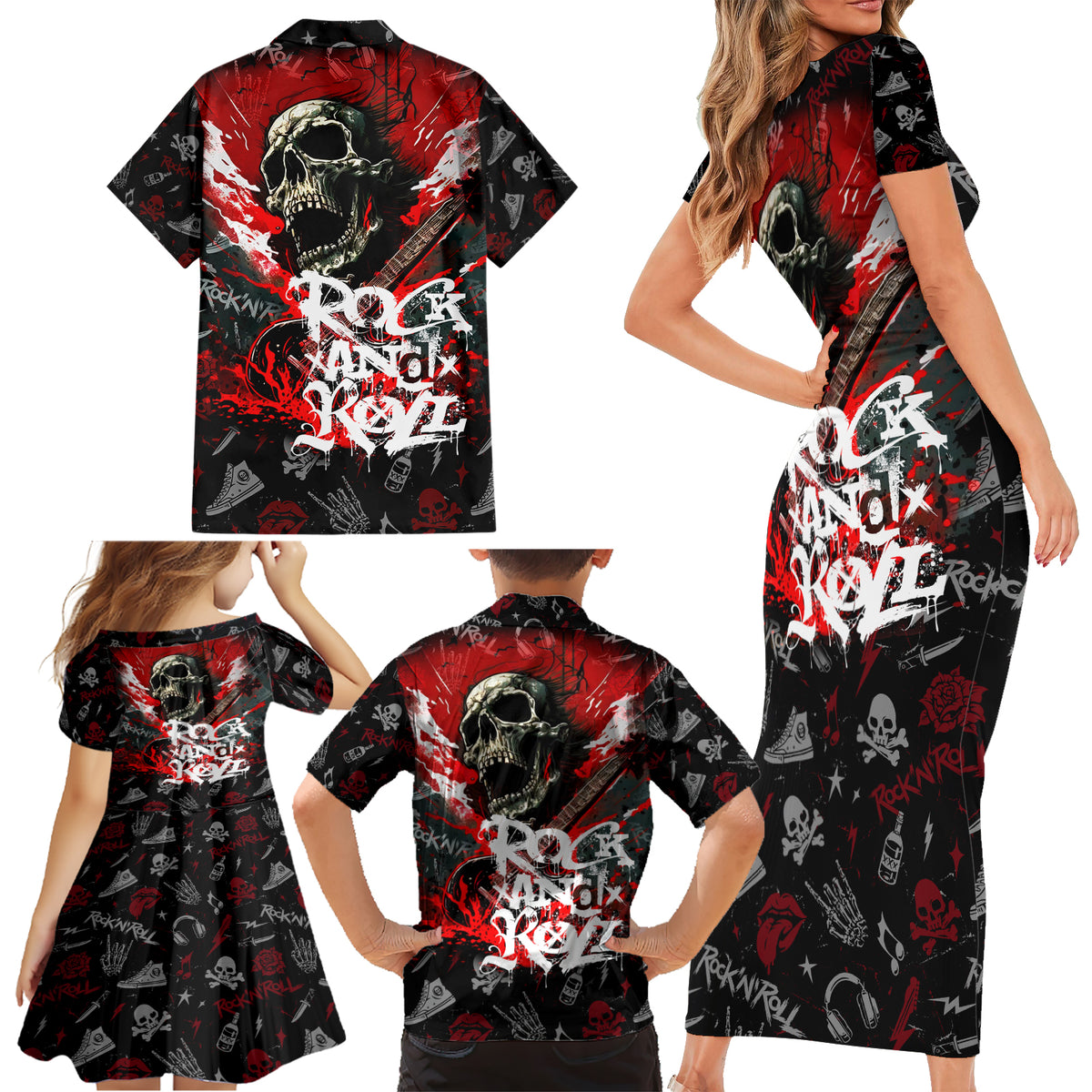 Rock And Roll Skull Forever Family Matching Short Sleeve Bodycon Dress and Hawaiian Shirt - Wonder Print Shop