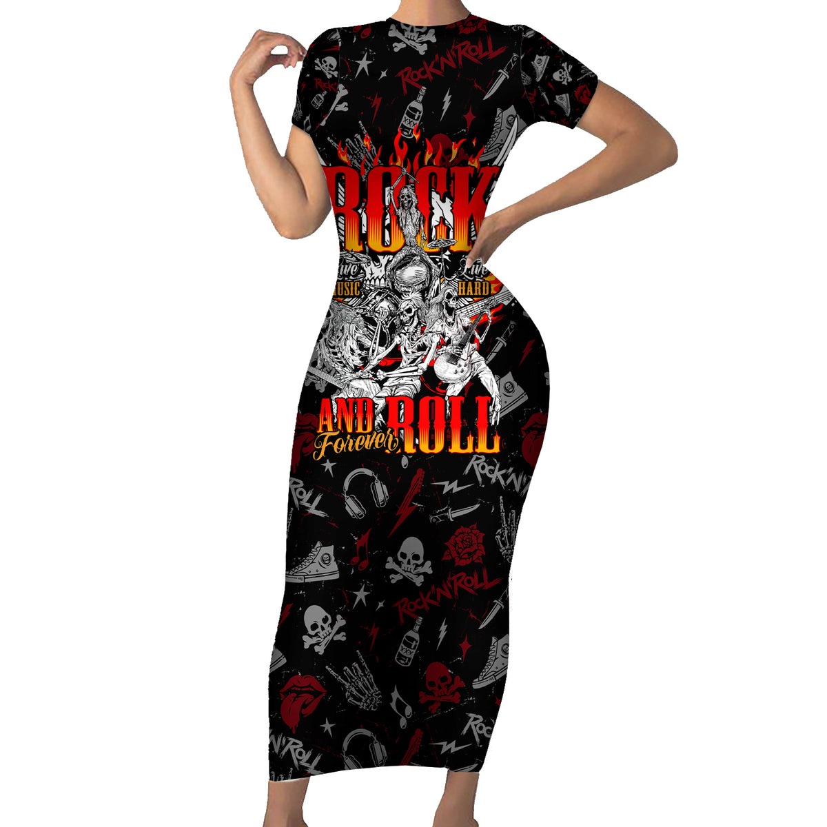 Rock And Roll Skull Forever Family Matching Short Sleeve Bodycon Dress and Hawaiian Shirt - Wonder Print Shop