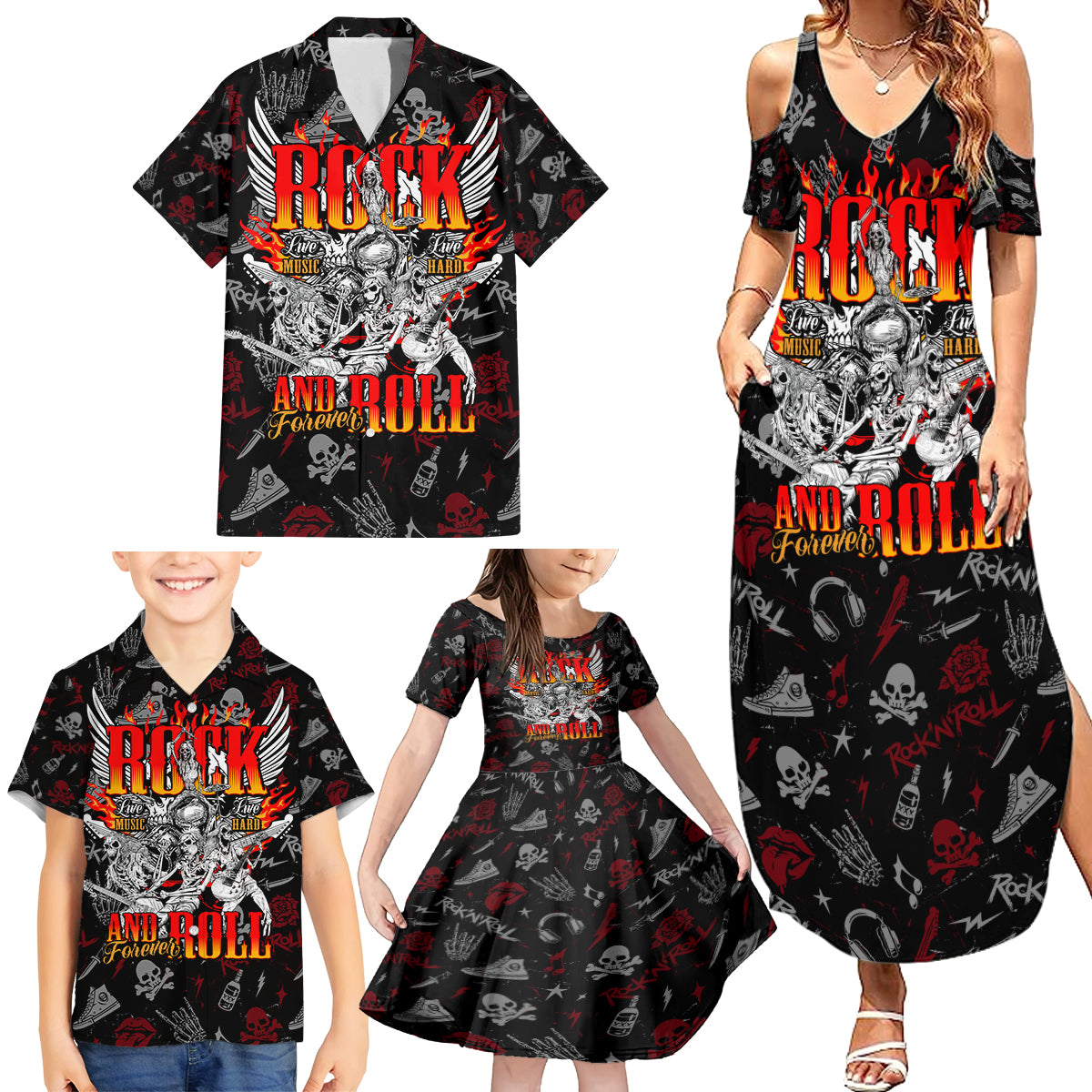Rock And Roll Skull Forever Family Matching Summer Maxi Dress and Hawaiian Shirt - Wonder Print Shop