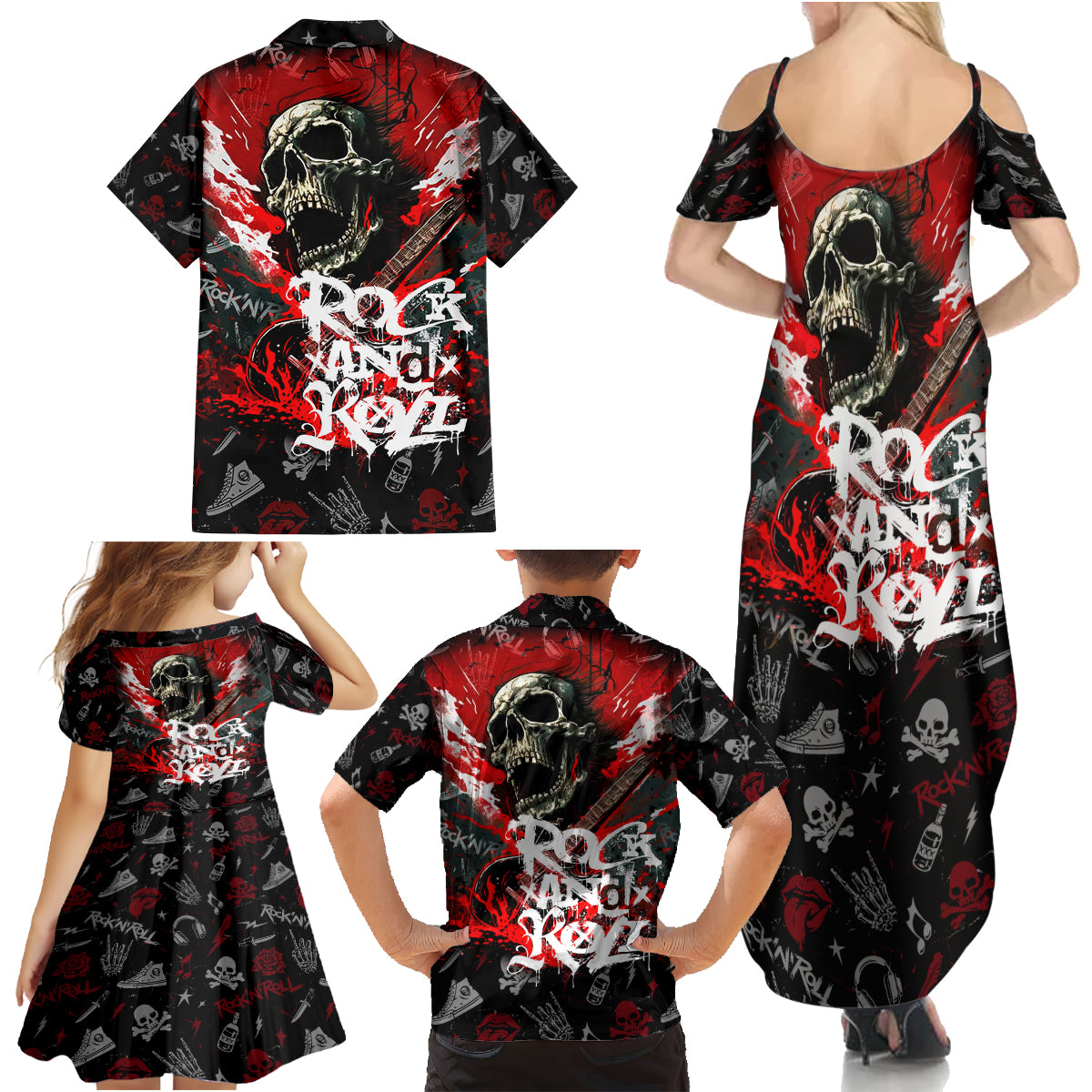 Rock And Roll Skull Forever Family Matching Summer Maxi Dress and Hawaiian Shirt - Wonder Print Shop